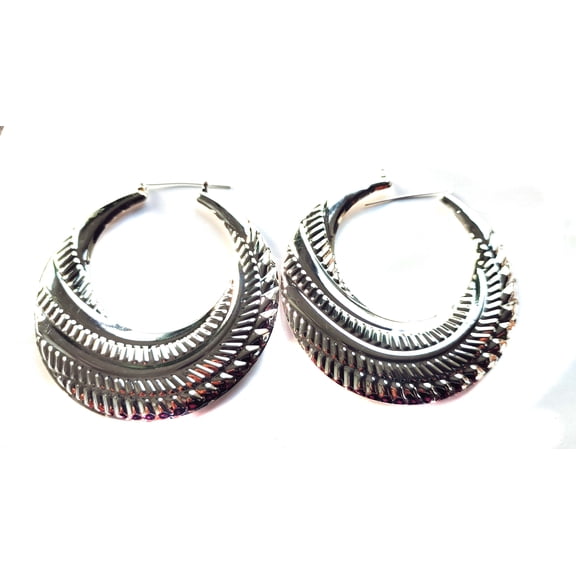 Fashion Jewelry Hoop Earrings Large Silver Tone Puffy Swirl 3 Inch
