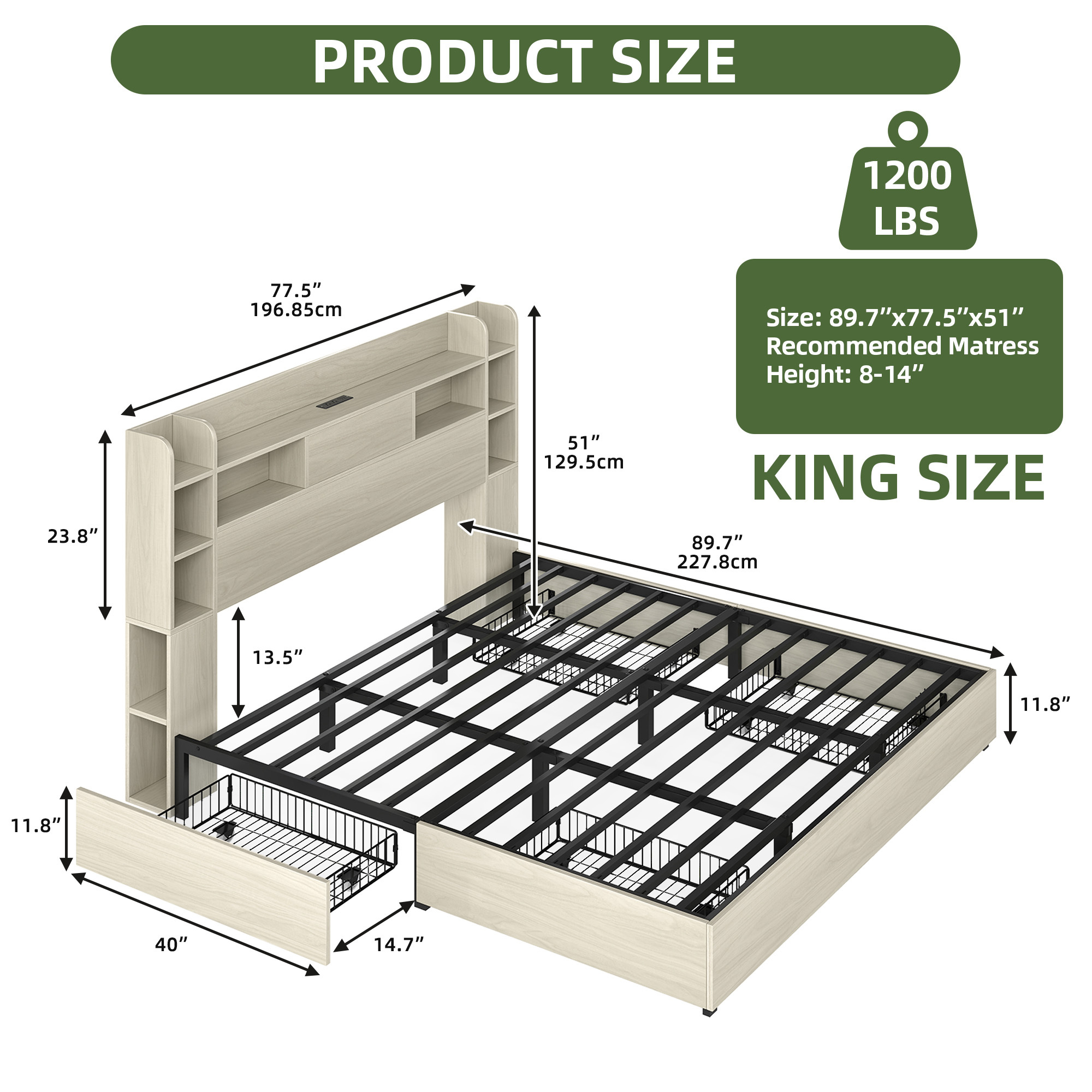 Uforic King Size Bed Frame with LED Lights & Bookshelf Headboard, Platform Bed Frame with Charging Station & Drawers, White