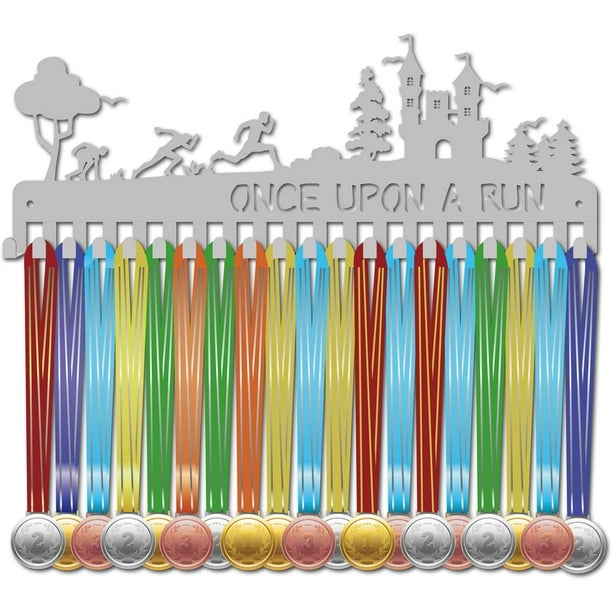 Exhibidor de medallas de atletismo, soporte para medallas, estante colgante de metal deportivo para corredores, premios para atletas, decoración de pared de hierro con forma de castillo con 20 ganchos