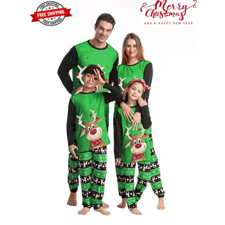 

Family Matching Christmas Pajamas Baby Romper/Cartoon Deer Print Long Sleeve Tops + Elk Snowflake Print Pants Loungewear