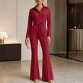 thumbnail image 5 of BRGZLK Women Dressy Jumpsuit 2026 Trendy Solid Color Long Sleeve Collared Flare Leg Romper Casual Business Work Jumpsuits Night Out Outfit Overalls Wine L, 5 of 6