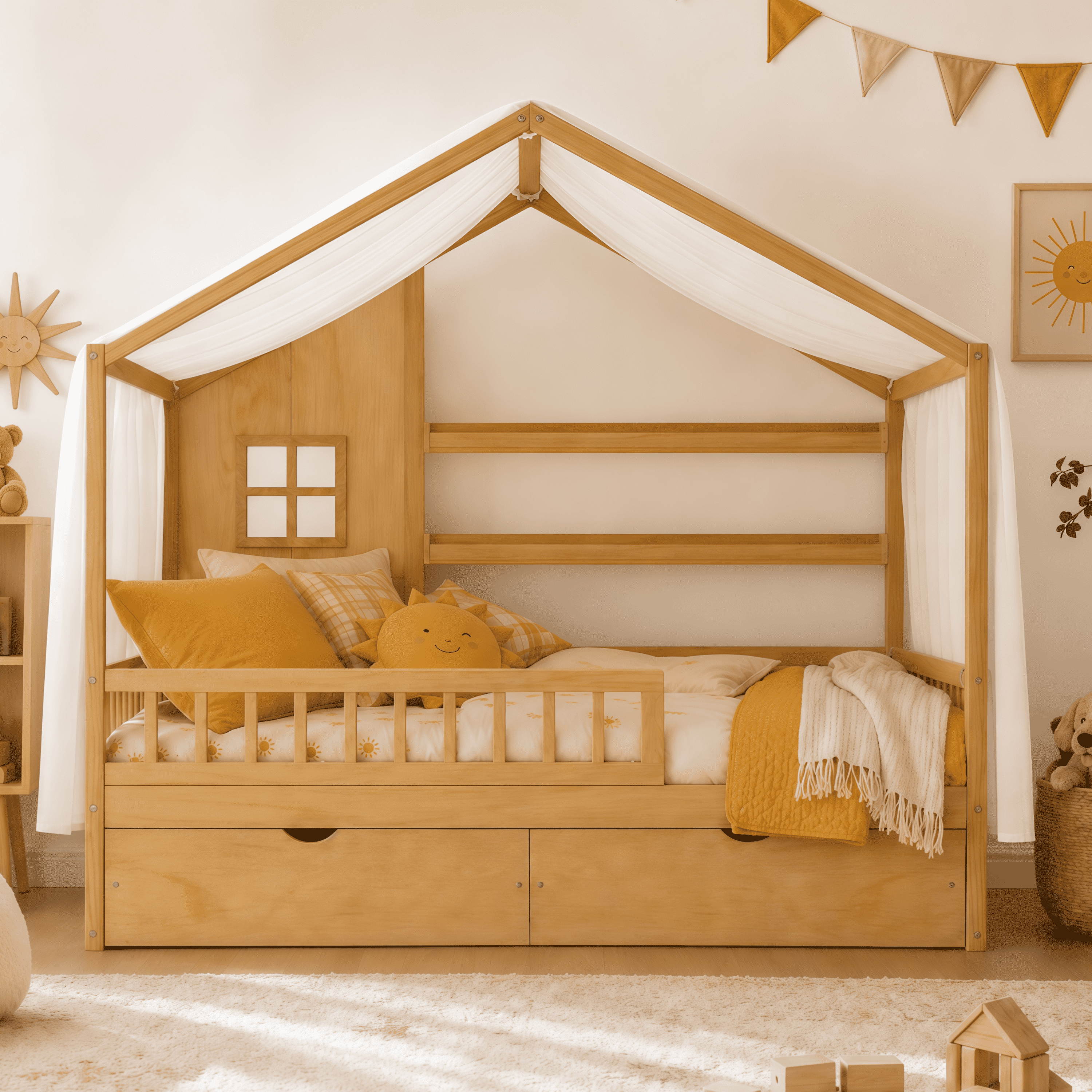 Euroco Wood Twin Size House Bed with Roof and Curtains, Montessori Floor Bed with Drawers and Safety Guardrails,No Box Spring Needed, Natural