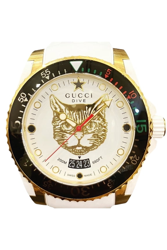 Pre-Owned Gucci Dive Mystic Cat watch, total weight 108g, stainless steel, rubber strap, quartz...