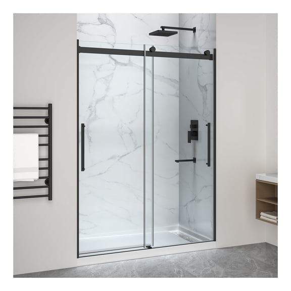 Stellar Series 76 in. x 57-60 in. Frameless Sliding Shower Door in Matte Black with Alcove Right Drain Shower Base
