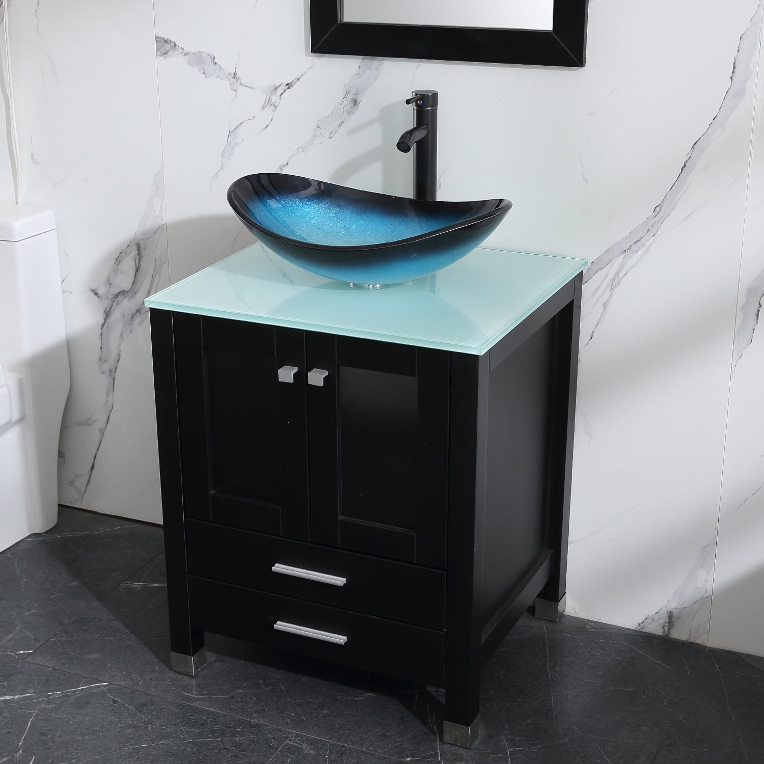 Wonline 24" Black Bathroom Wood Vanity Cabinet & Tempered Glass Vessel Sink Bowl + Faucet /Drain