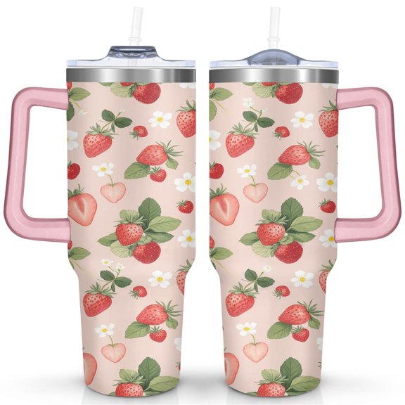 40 OZ Tumbler with Handle Insulated Coffee Mug Strawberry Stainless Steel Cup for Drinking Coffee Water Wine Ideal Gift for Husband Son Dad
