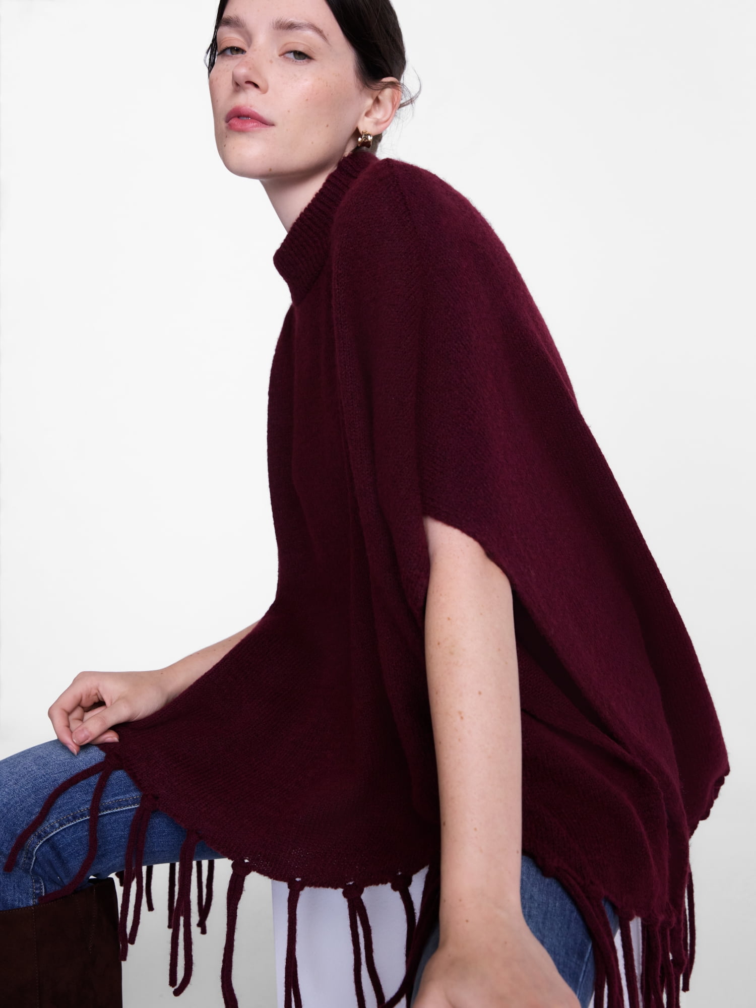 Scenario Women's Mock Neck Fringe Poncho, Sizes S-XL