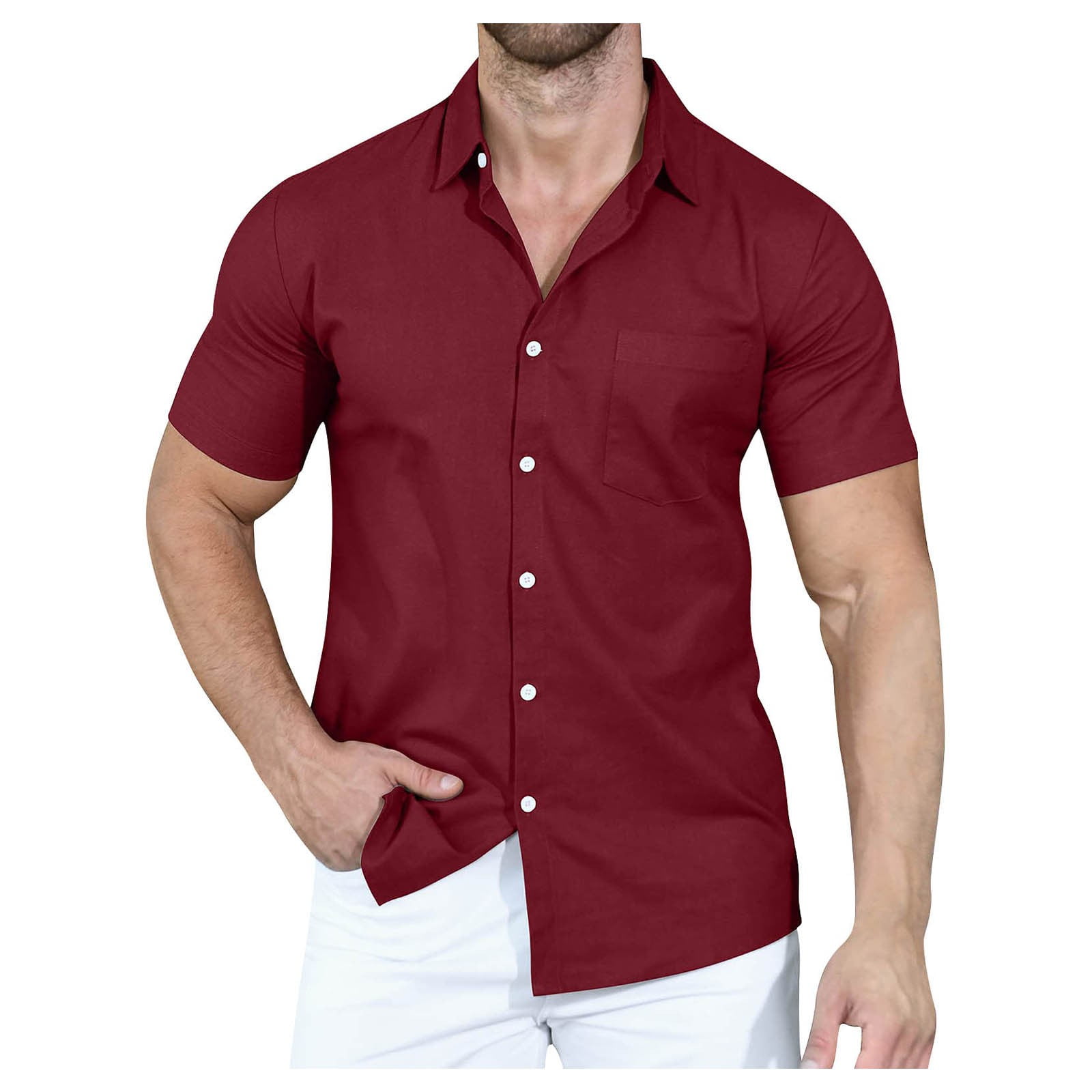 ZXHACSJ Men's Classic Regular Fit Button Down Short Sleeve Solid Color  Dress Shirts M-XXL Wine M