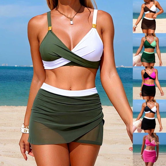 FRSASU Womens Two Piece Swim Dress High Waisted Bikini Sets Mesh Wraps Bathing Suits Tummy Control Swimsuit Skirt Pink