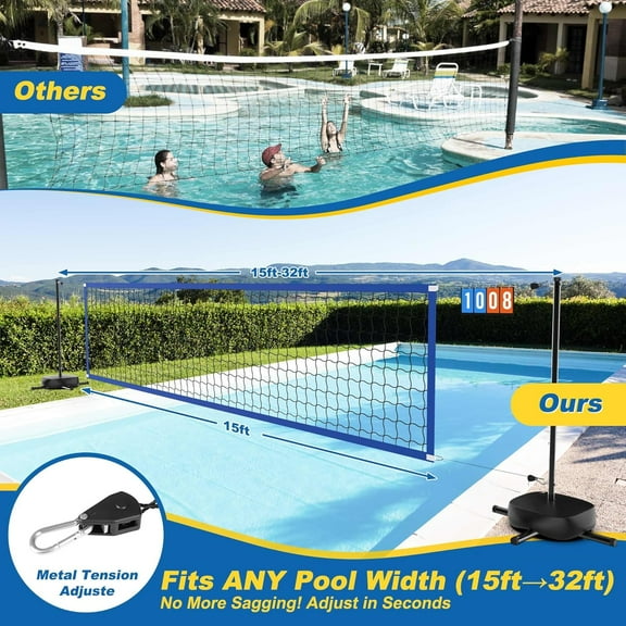 Portable Pool Volleyball Net with Scoreboard, Adjustable Width (15-32 FT), 21 FT LED Light, Water Base