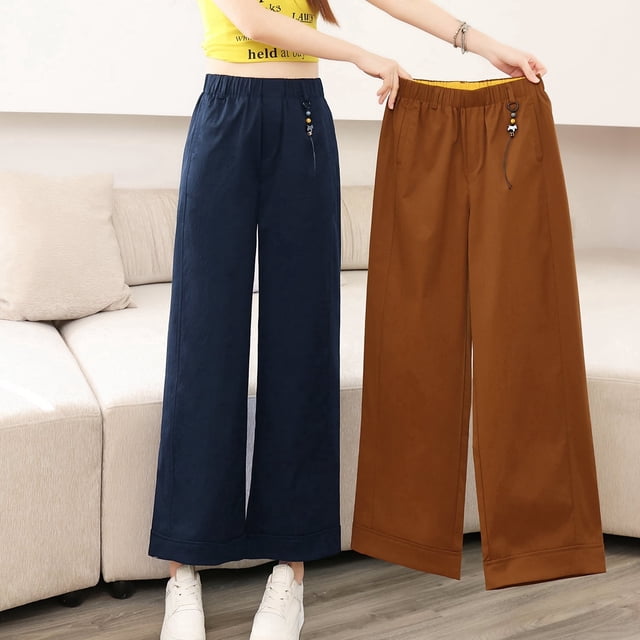 Pantalones de Pierna Ancha Color Caramelo Pantalones Recortados para Mujer Pantalones Rectos Sueltos de Verano Nuevos Pantalones Casuales de Cintura Elástica