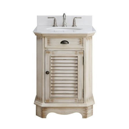 Benton Collection 24" Distressed Beige Farmhouse Bathroom Vanity with White Marble Top
