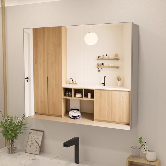 30" W×24" H Medicine Cabinet, Aluminum Bathroom Mirror Cabinet with Adjustable Shelves, Recessed or Surface mounting, 2 Doors