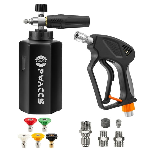 PWACCS Pressure Washer Gun with Foam Cannon, Short Pressure Washer Gun with Swivel, Foam Cannon for Car Wash Foam Gun Kit with 1/4" Quick Connector, 5 Pressure Washer Nozzle Tips, 1.5 Liter, 5000 PSI