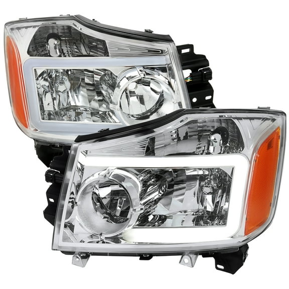 LED Bar Factory Headlights (Chrome Housing/Clear Lens) Made for and Compatible with 2004-2015 Nissan Titan / 2004-2007 Armada