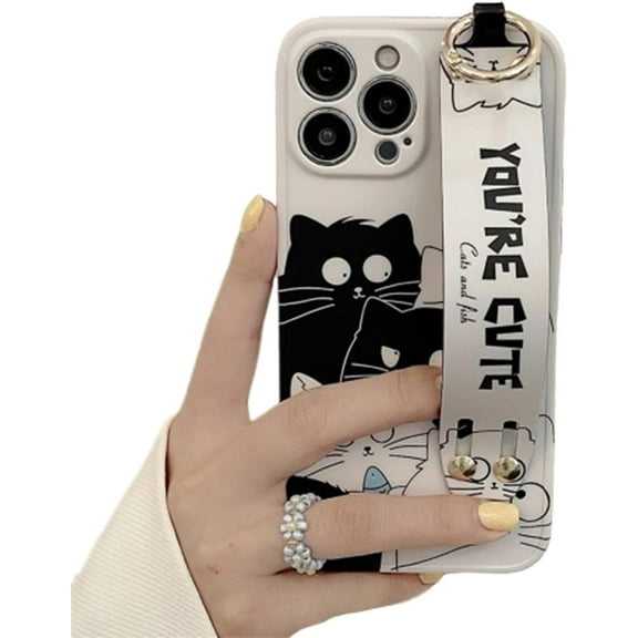 Hand Strap Holder Case for 6.7" iPhone 12 Pro MAX with Kickstand, Wrist Strap Band Soft Aesthetic Design Shockproof Cover, Adjustable Handle Grip Loop for iPhone 12 Pro Max 6.7 Inch, Cute Cat
