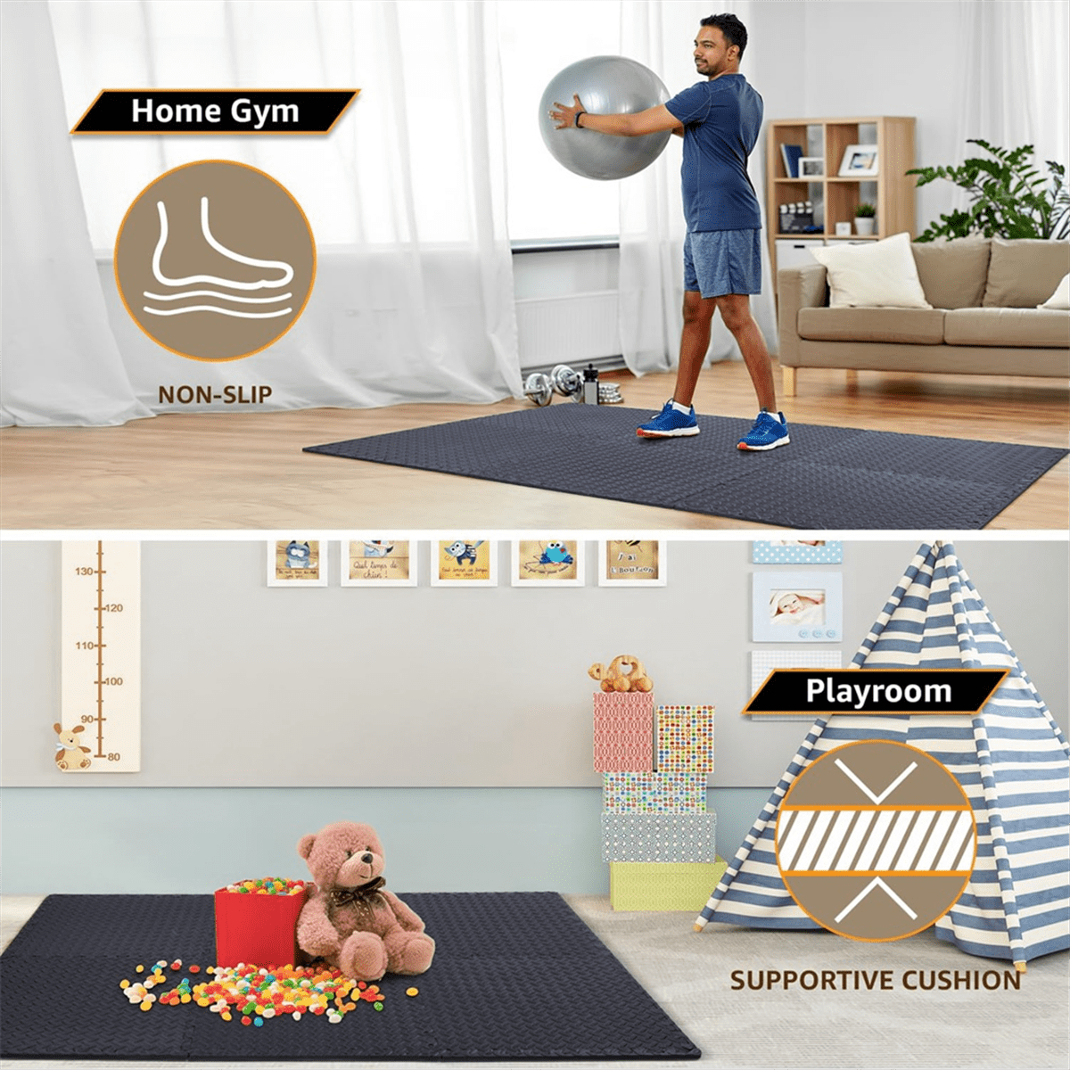 12 Pack Floor Exercise Mat for Home Gym or Floor Padding for Yoga, Weights Gym Equipment Black