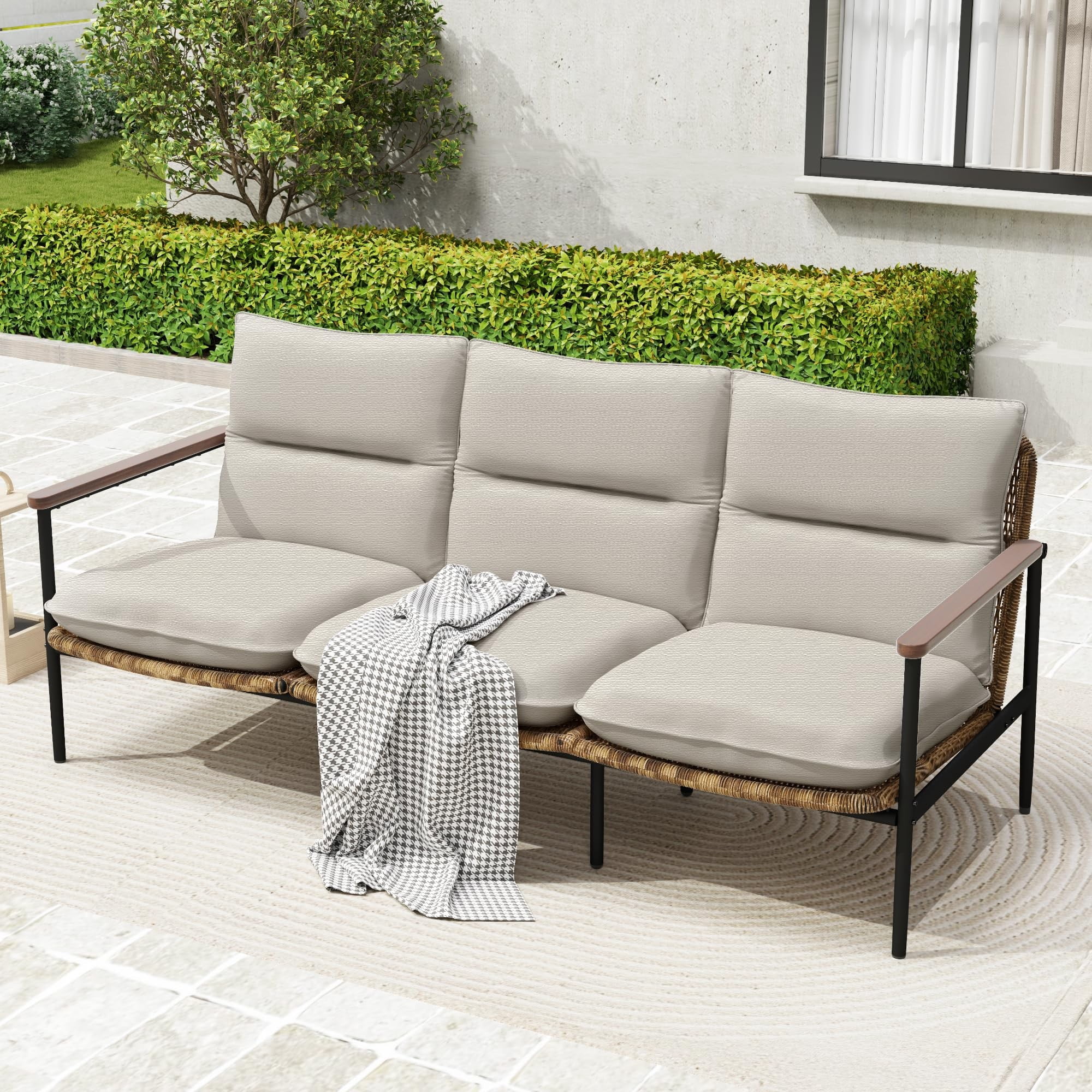 Aluminum Outdoor Patio Sofa, 3-Seat Couch with Wicker Backrest & Acacia Wood Armrests, 4.7" Olefin Cushions, Weather-Resistant for Backyard, Balcony, Porch