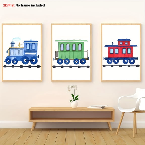 [2D Flat] 3pcs Room Decor Canvas Art Set, 2D Frameless Wall Hanging for Home Decoration – Elegant Train Carriage Design, Minimalist Watercolor Print Poster for Living Room, Bedroom, Bar & Cafe Décor