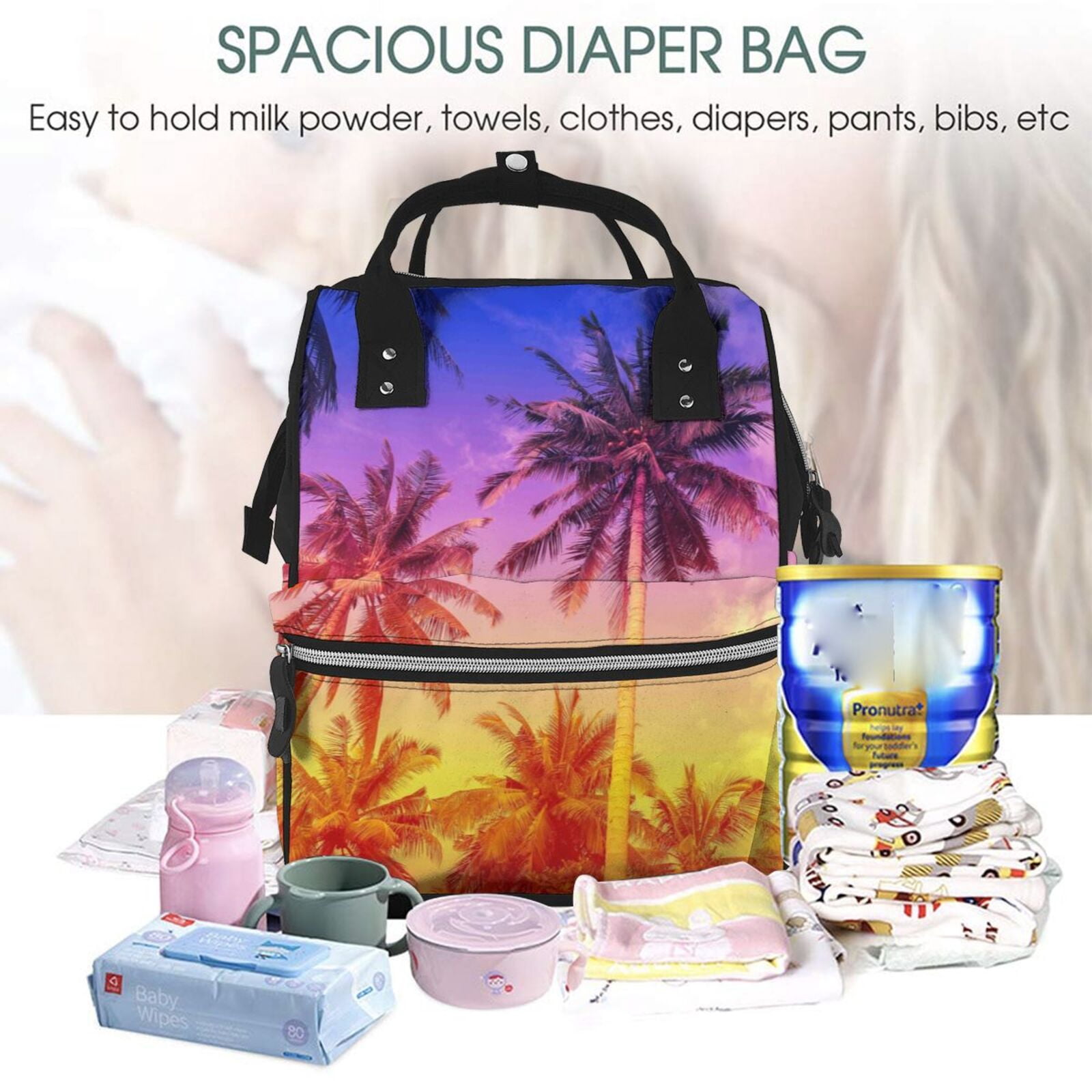 Ratiio Palm Trees at Sunset Mummy Backpack - Waterproof Twill Canvas, Large Capacity Diaper Bag with Multiple Pockets and Adjustable Straps