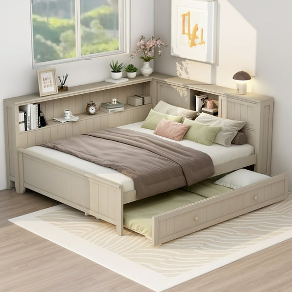MODERNLUXE Full Size Daybed with Storage Cabinets and Trundle, Antique Milk White