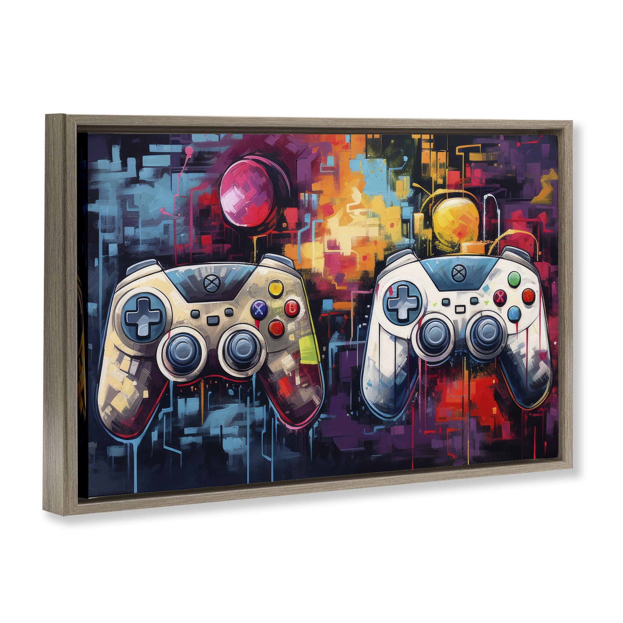 Stupell Industries Double Controller Modern Gamer Brown Framed Floater Canvas Wall Art, design by Lazar Studio