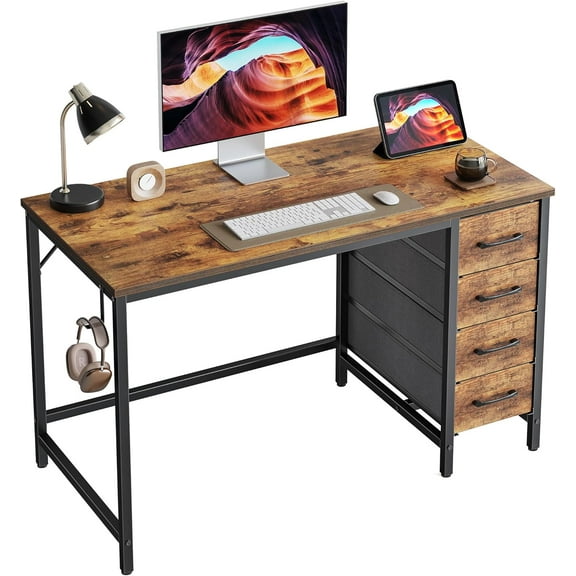 40 Inch Computer Reversible Desk with 4 Storage Drawers, Small Home Office Kids Student Studying Table for Bedroom, Rustic Brown