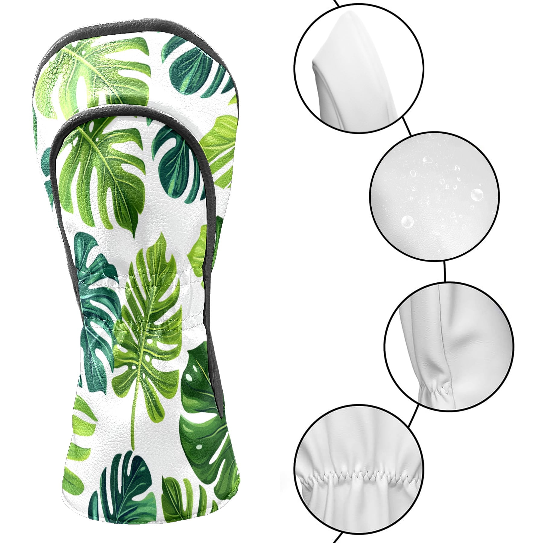 Golf Club Covers PU Leather Waterproof Head Covers for Fairway Woods Hybrids Green Leaves