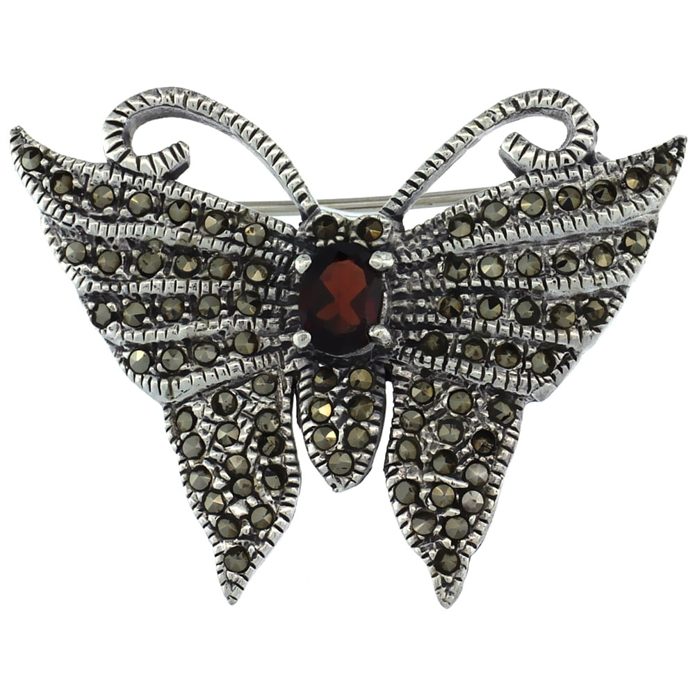 Sterling Silver Marcasite Butterfly Brooch Pin w Oval Cut Garnet Stone, 1 1 4 inch (32 mm) tall by WorldJewels