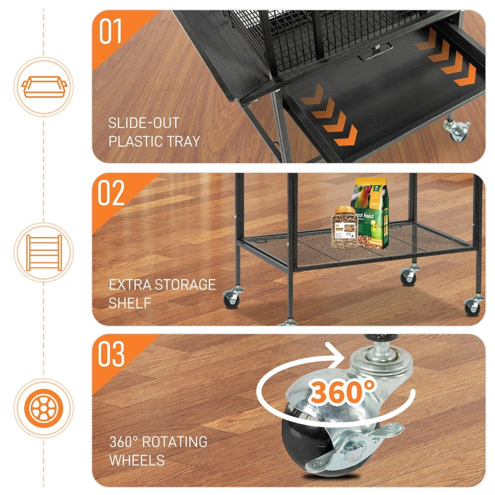 GVN Bird Cage, Small Bird Habitat,65-Inch Wrought Iron Large Rolling Bird Cage with Play Top And Stand for Parrots Lovebird Cockatiel Parakeets, Black
