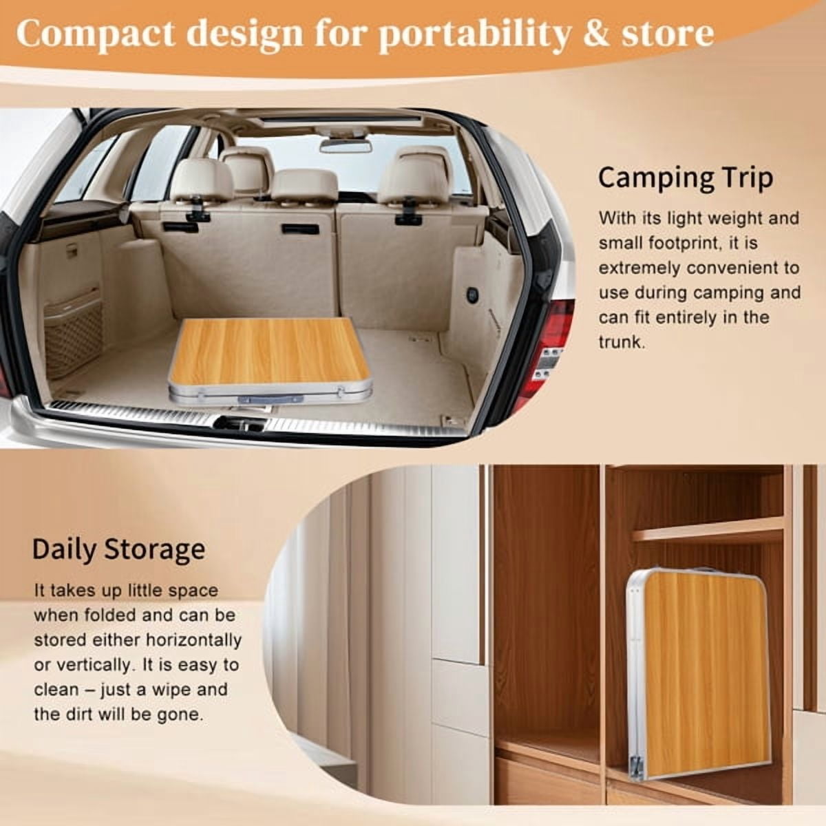 4Ft Portable Multipurpose Folding Table 70lb Capacity - Wood Grain Lightweight Camping Table,Portable for Indoor/Outdoor, Locking Legs