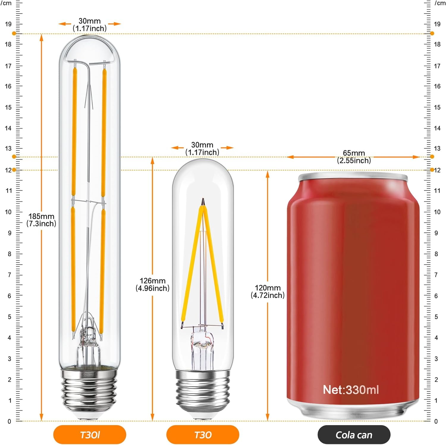 RGHJAR-Tubular Light Bulb 7.3 Inch Dimmable T10 LED Bulb E26 6W 60 Watts Edison Bulbs 2700K Solf White,185mm Long for Wall Sconces, Pendant, Livingroom, 4-Pack