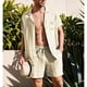 thumbnail image 3 of Conjunto de camisa de lino de algodón de manga corta para hombre, traje informal con botones, transpirable para la playa, color beige M, 3 of 6