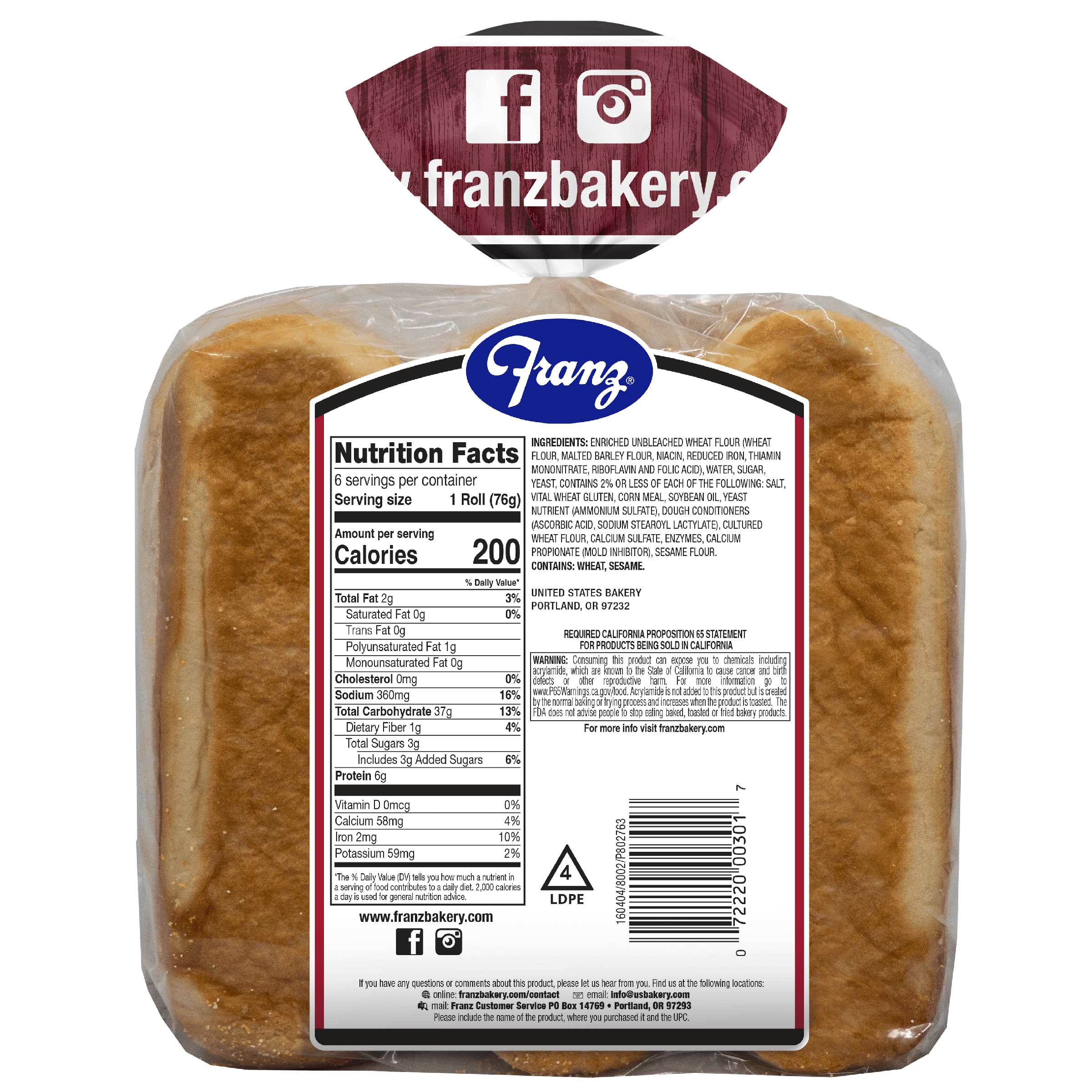 Franz Premium Outdoor Hoagie Rolls, 16 oz, 6 Count