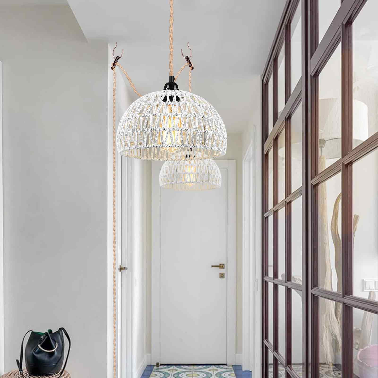 IC INSTANT COACH 1-Light Pendant Light, Dense Paper Birch Woven Basket Chandelier with Twist Hemp Hanging Cord E26 Plug in Coastal Pendant Light Fixtures for Dining Room Living Room Kitchen Island Foy