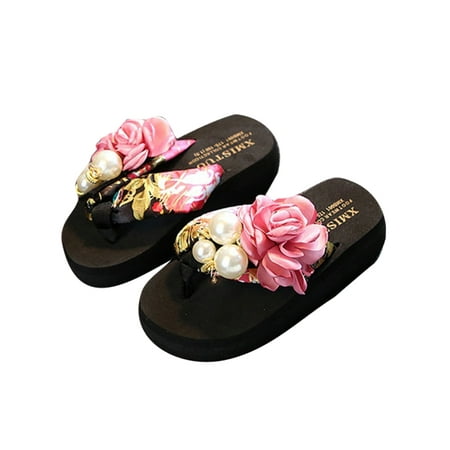 

Rotosw Children Flip Flops Clip Toe Thongs Cute Flat Sandal Durable Slip On Slide Sandals Home Lightweight Casual Shoes Black Pink Flower 2.5Y