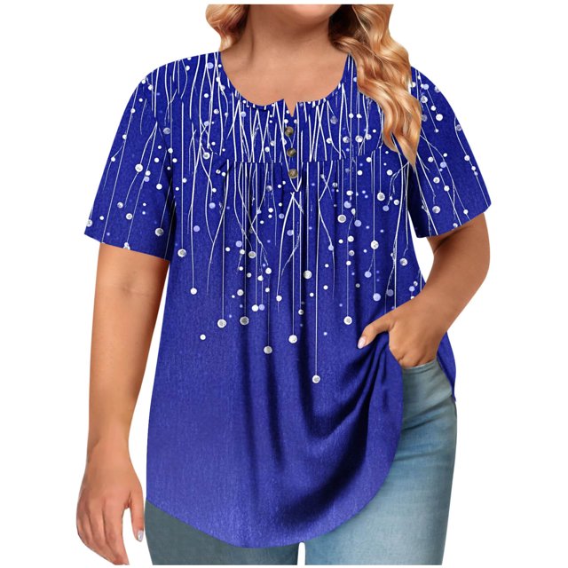 Cinvoph T-Shirts d'Été Grande Taille pour Femmes Col Rond Imprimé Manches Courtes Hauts Décontractés Blouses de Bureau Amples