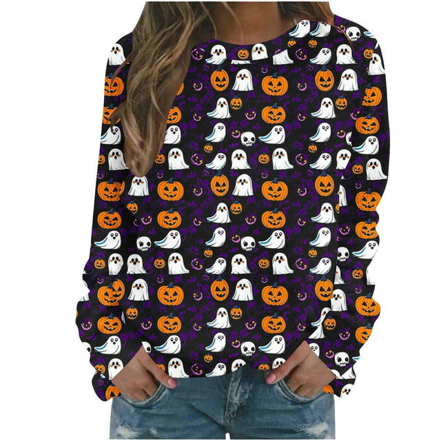 Haut à Manches Longues Imprimé Halloween Col Rond pour Femmes, Mélange de Coton Doux et Respirant, Chemise de Mode Décontractée pour Usage Quotidien et Fêtes