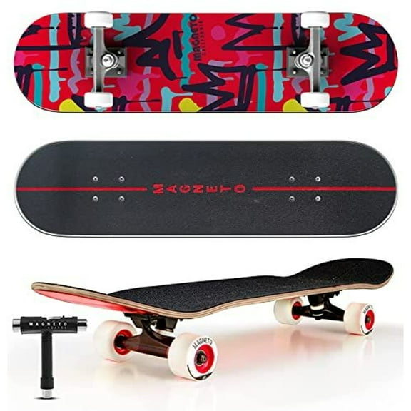 Magneto Cruiser Longboard Skateboard - 31in x 8.5in, Graffiti, 7-Ply Canadian Maple - Complete Setup with 78A Wheels & 140mm Aluminum Trucks - Skateboard Tool Included - Beginner & Adult