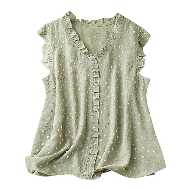 Timegard Tank Tops for Women Summer Ruffle V-Neck Flowy Sleeveless Beach Vacation Casual Loose Tops