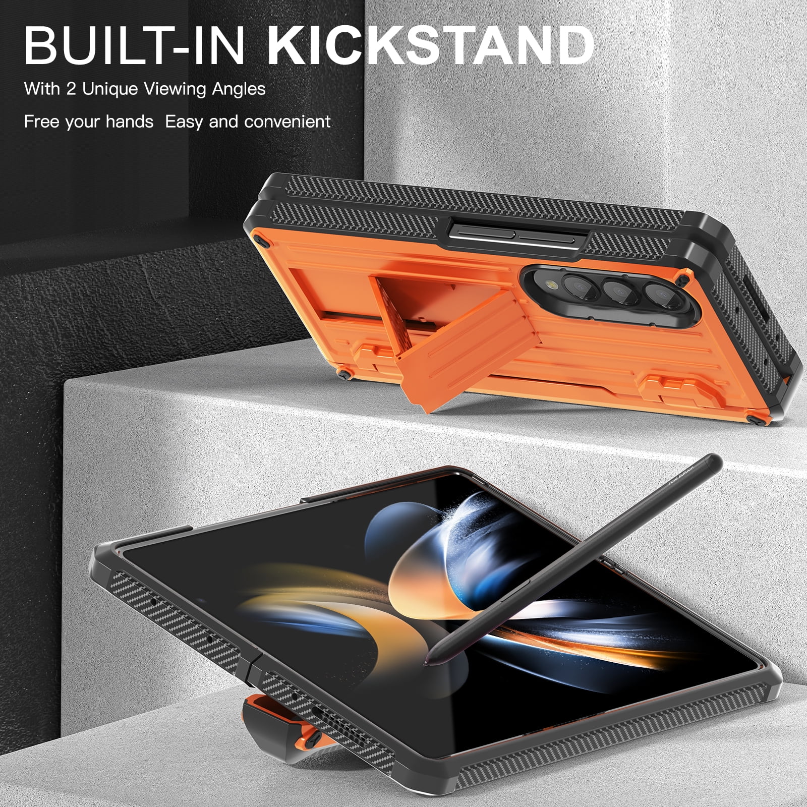 TECH CIRC Case for Samsung Galaxy Z Fold 4 Compatible with MagSafe, Heavy Duty Rugged PC Shockproof Hinge Protection Cover with Hidden Bracket Screen Protector S Pen Holder Galaxy Z Fold 4 Case,Orange