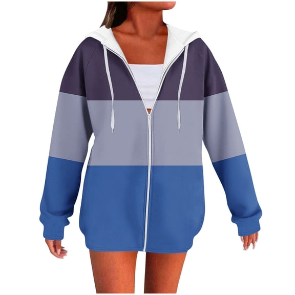 Fancifize Womens Oversized Striped Hoodies Fleece Sweatshirts Trendy Zip Up Color Block Outfits Casual Y2k Outwear Fall Winter Hooded Jackets