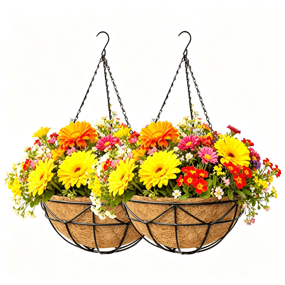 BPPEG 2 Pack 12 Inch Black Metal Hanging Basket Hanging Planter with Coco Coir Liner Heavy Duty Hanging Flower Pot Holder for Indoor Outdoor Patio Garden Porch Balcony Decor (Geometric)