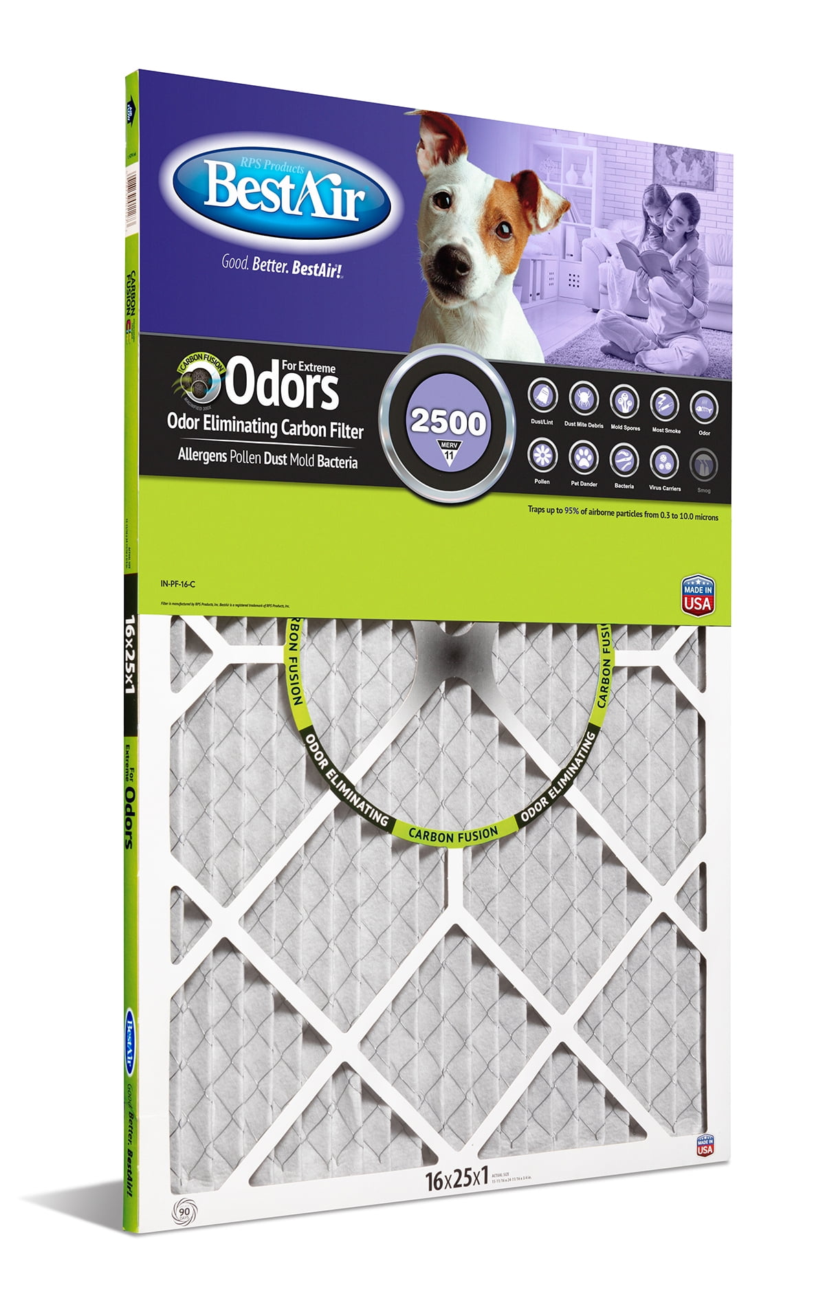 BestAir PF1625-1 Carbon Infused 16x25x1 Series 2500 MERV 11 for 1' Furnace Filter