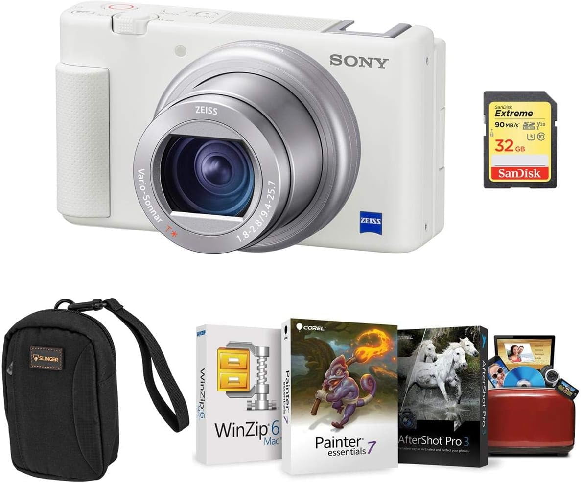 Sony ZV-1F Vlogging Camera, White, Bundle with GP-VPT3 Wireless
