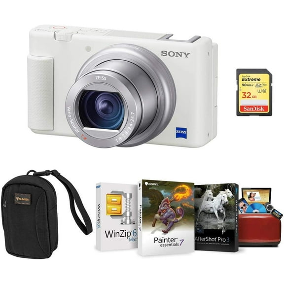 Sony ZV-1 Compact 4K HD Camera, White - Bundle With Alpine 2 Camera Bag, 32GB SDHC Card, Mac Software Package