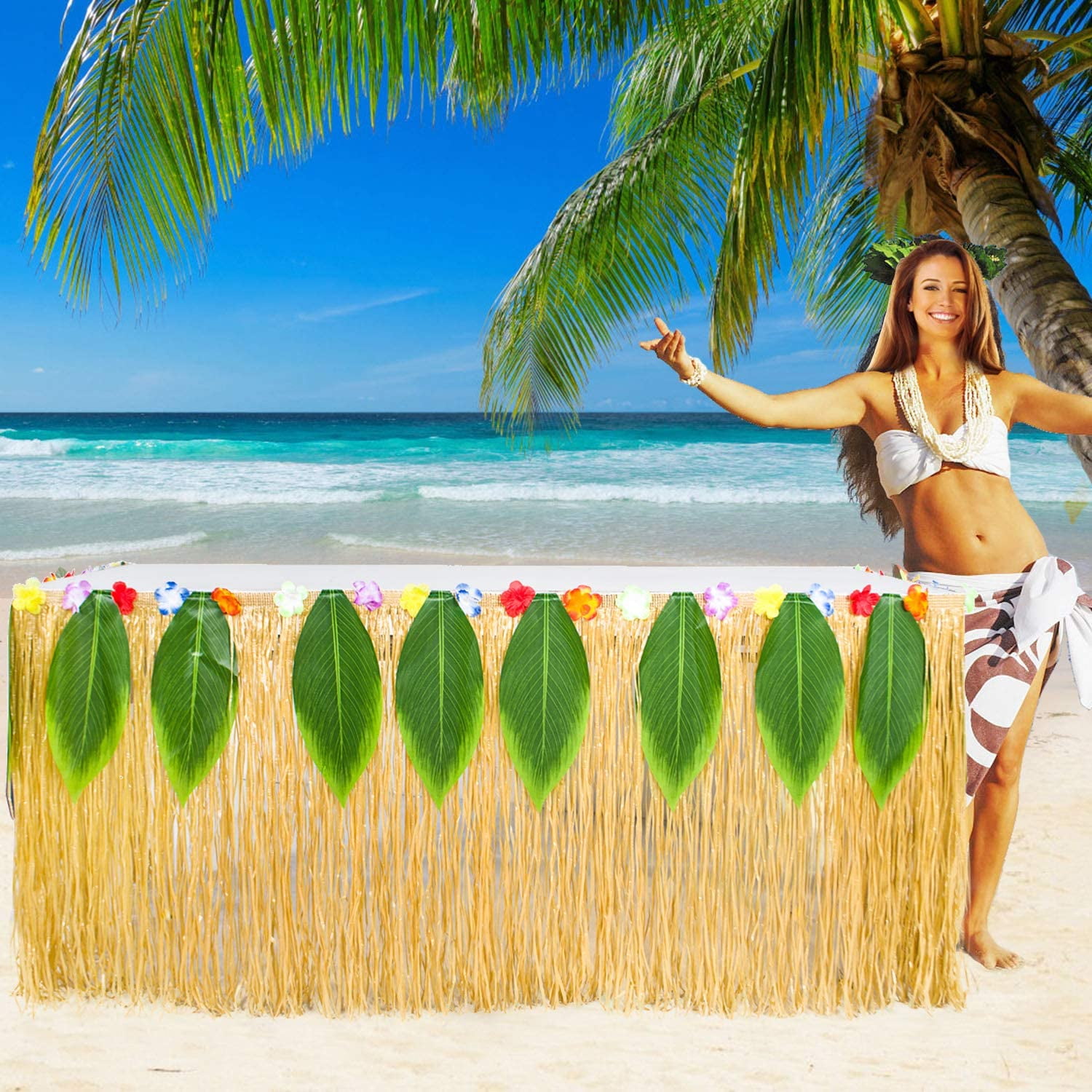 Knot Board Sports Table Skirt Luau Hawaiian Party Grass Hibiscus Decoration Flowers Colorful Green Tropical 9 Raffia 