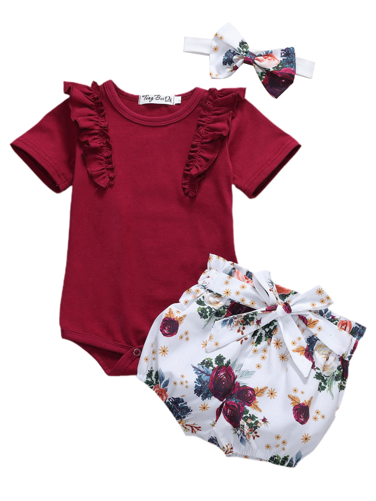 Infant Baby Girl Floral Shorts Clothes Baby Sister Organic Cotton Romper Bodysuit Ruffles Shorts 3PCS Outfit Set Sundress