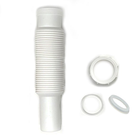 Flexible Sink Pipe, 1-1/2 inch x 15 inch White Plastic Polypropylene Tube with Slip-Joint Nut and Washer, for Tubular Drain Applications