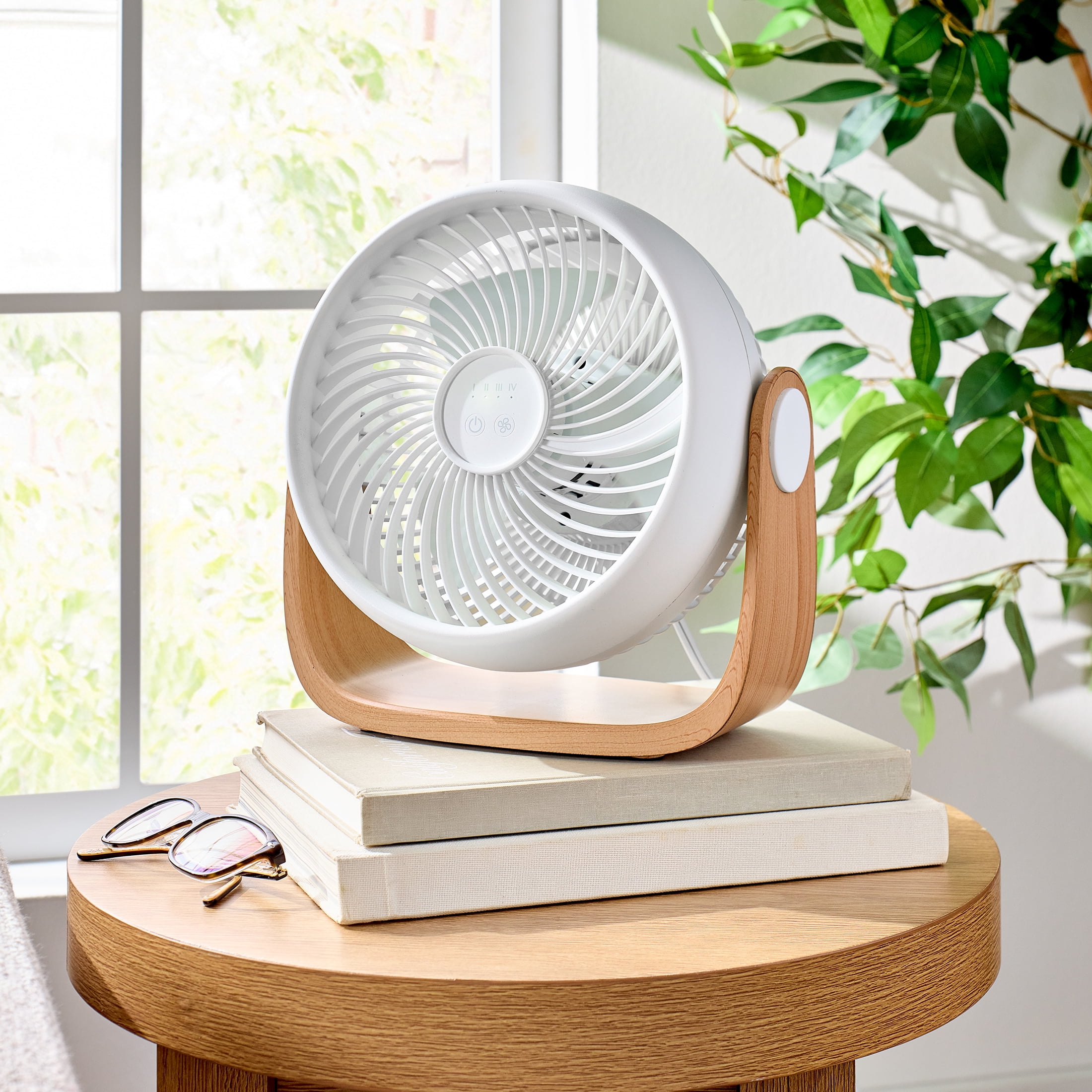 Better Homes & Gardens 8'' 4-Speed Wood Tabletop Fan, Juliet Collection, White and Light Honey